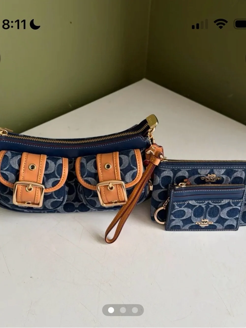 Coach Blue Signature Denim Canvas Wristlet Trio with Tan Leather Trim
